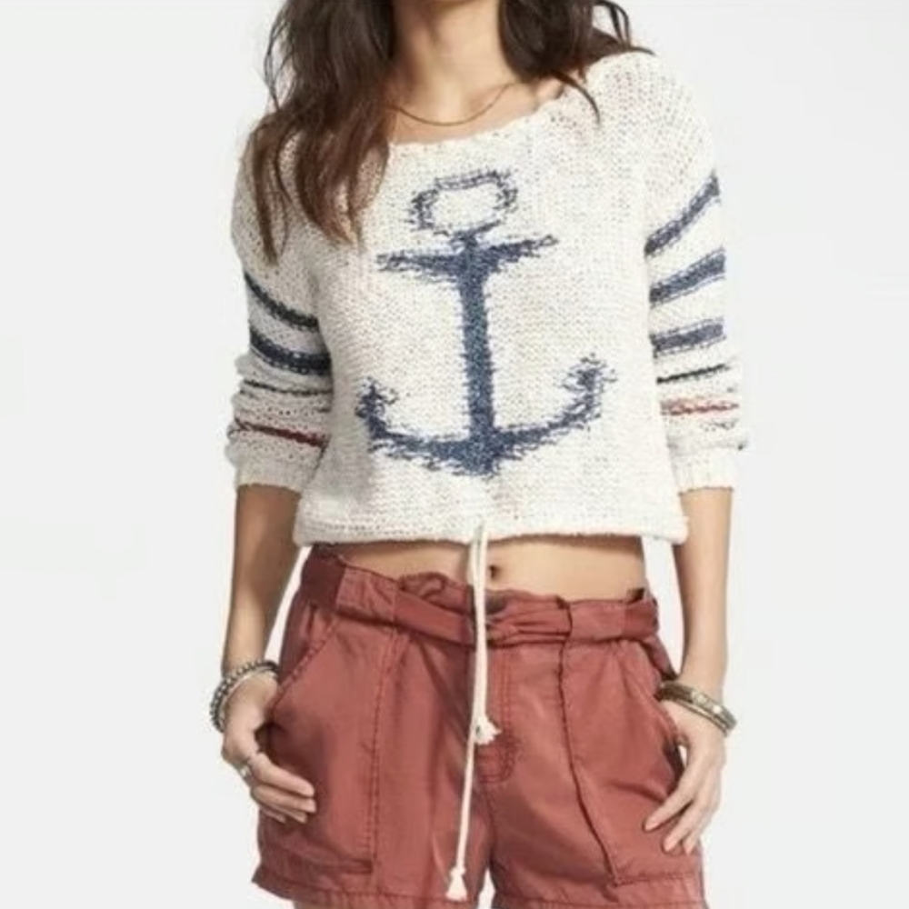 FREE PEOPLE CROPPED ANCHOR SWEATER knit Crochet Preppy Boho Coastal Vintage Y2k